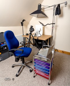 Desktop studio set up in place with lights and trolly